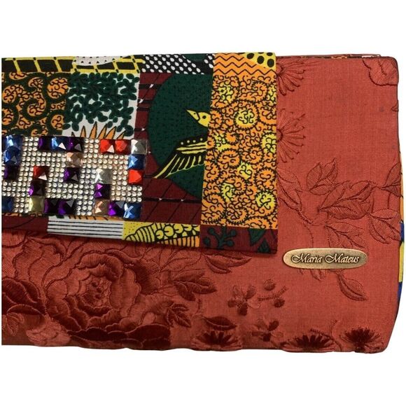 Maria Mateus Angola African Print Red Embroidered Envelope Clutch Purse 14" - Picture 11 of 13